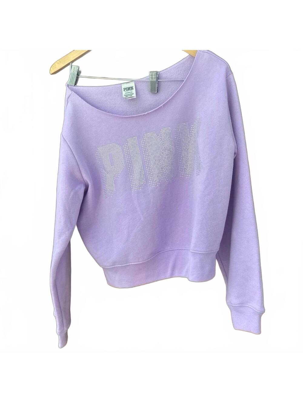 PINK Victorias Secret Lavender Purple Rhinestone Slouch Shoulder Sweatshirt Sz S